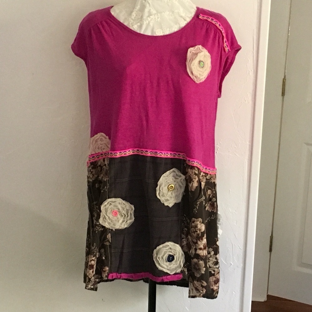 Handmade Upcycled Linen Mixed Media Floral Tunic Top Large